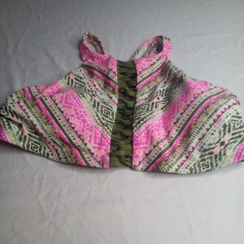 Time And Tru Swim Top M 8-10 Cut-Out Strappy Green Pink